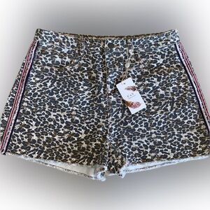 CHELSEA & VIOLET Leopard jean shorts frayed hem ribbon trim pockets 29 NWY